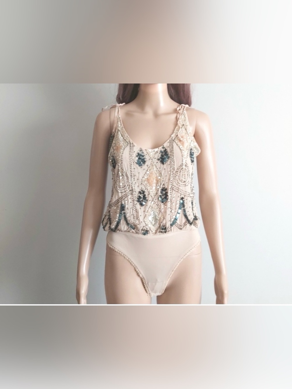Free People Beaded Ivory Embellished Bodysuit